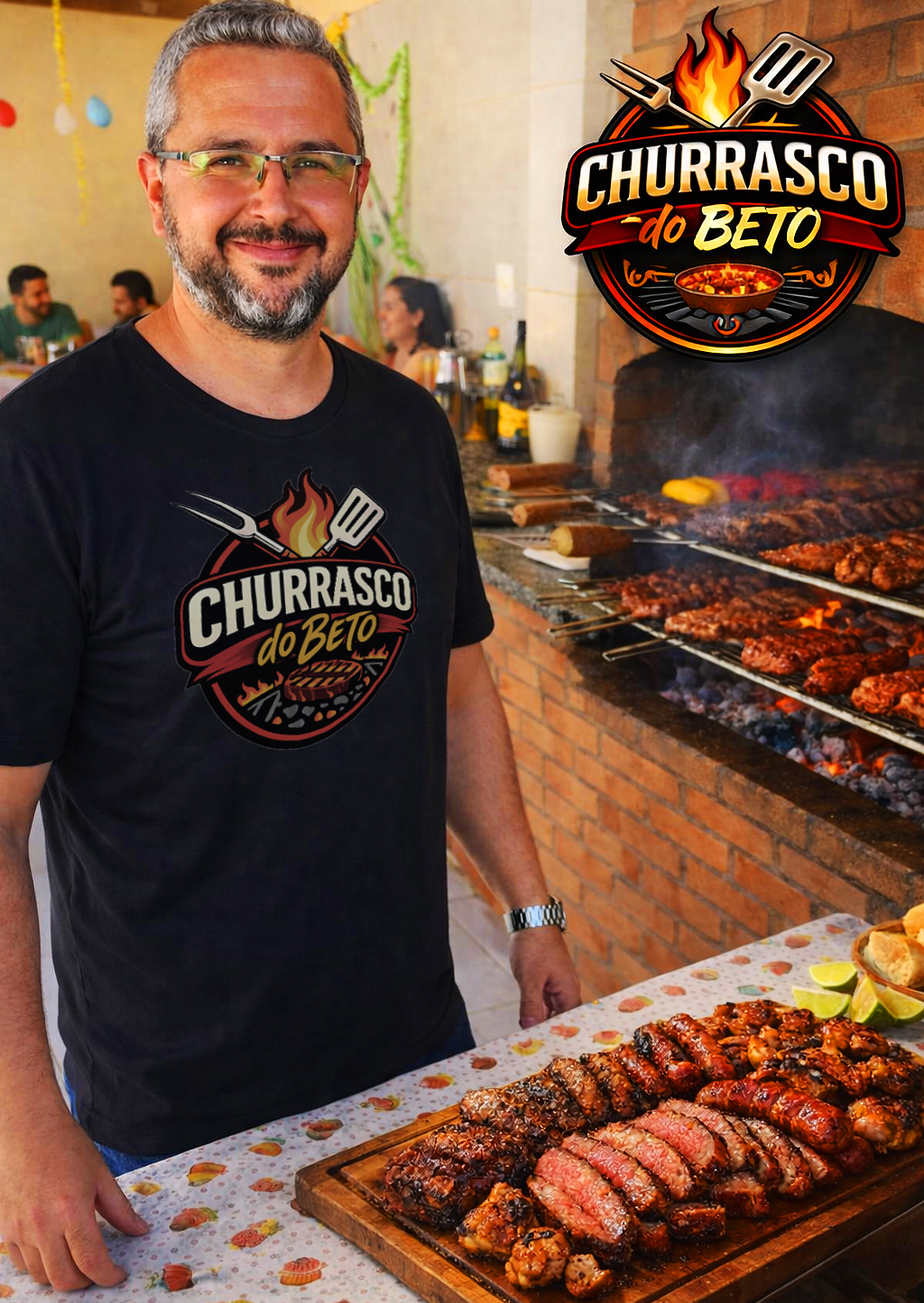 Alberto Azambuja, churrasqueiro profissional preparando churrasco no Rio de Janeiro